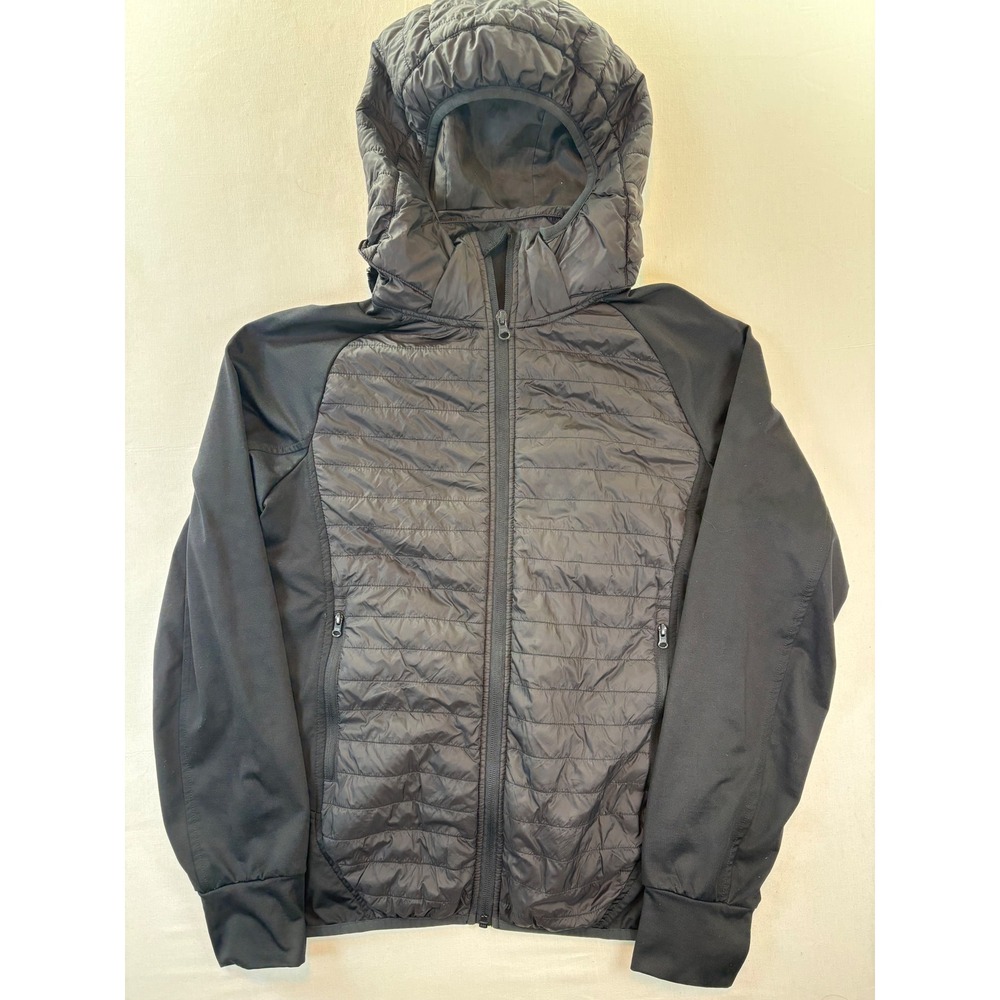 Baleaf Mens Small Black Hybrid Quilted Softshell Running Jacket Hooded Pockets